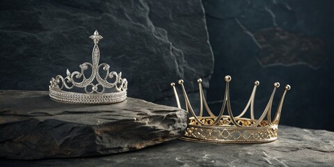 Elegant still life featuring two crowns, silver and gold, on a stone surface