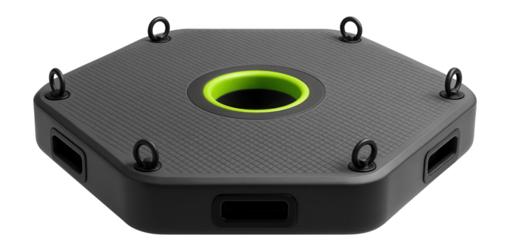 Hexagonal swim platform with multiple mooring rings and a central hole for diving