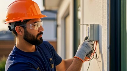 Home exterior electrical system installation by skilled tradesperson with safety gear.