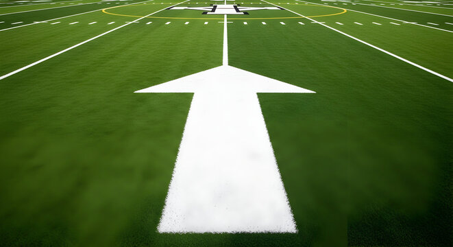 View of American football field with white arrow pointing toward the end zone at the stadium
