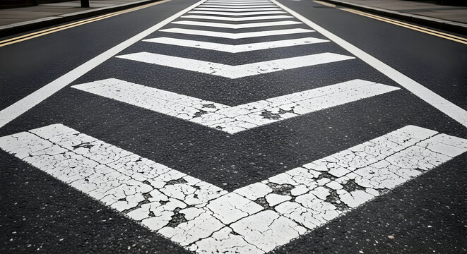 Worn zebra crossing with white directional arrows painted on asphalt surface highlighting road condition