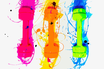 Color dumbbells set against bright paint splatters, creating vibrant fitness equipment decor. Vibrant fitness equipment on white canvas inspires exercise enthusiasm,