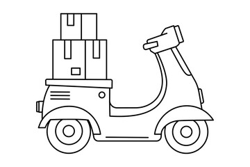 Hand drawn cute outline illustration of cardboard box on scooter. Flat vector package motorbike transportation line art doodle. Courier shipping icon. Shopping logistics. Delivery service. Isolated.