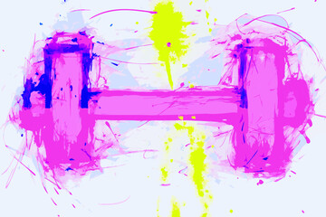 Pink dumbbell equipment against splatter background in abstract presentation. Pink dumbbell with vibrant, colorful splashes creates a unique image for health, fitness, and workout themes.