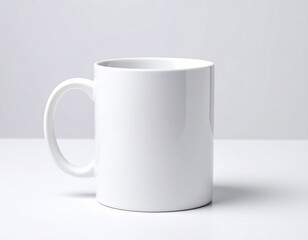Obraz premium Clean white ceramic mug isolated on a minimalist light background, perfect for customization.