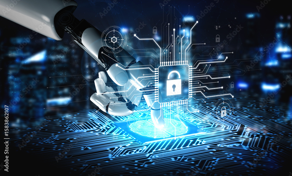Poster ai safeguarding cyber security system, monitoring threats, analyzing attack patterns, and securing d
