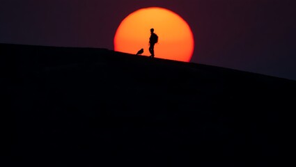 Fototapeta premium Silhouette of a man and bird against a large orange sun on a dark horizon