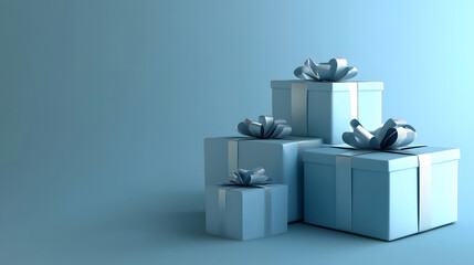 A monochromatic arrangement of blue gift boxes with silver bows, stacked against a blue background. Elegant gifts for a special occasion.
