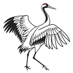 Elegant Black and White Illustration of a Crane with Wings Spread Wide Open Graceful Bird