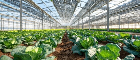 The vibrant green cabbages flourishing inside a modern greenhouse setting.