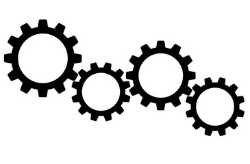 Black and white illustration of a four gear mechanism. Symbol of teamwork, movement, industry and engineering. Gears on transparent background of PNG.