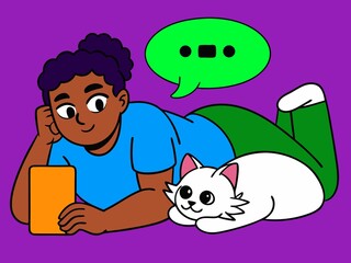 Girl with Cat and Speech Bubble on transparent background