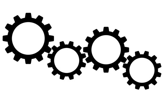 Black and white illustration of a four gear mechanism. Symbol of teamwork, movement, industry and engineering. Gears on transparent background of PNG.