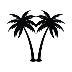 Two palm trees with fronds forming a heart shape silhouette