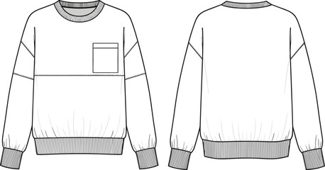 Sweatshirt flat sketch, crew neck jumper, front pocket design, long sleeve top, ribbed hem cuff, vector apparel illustration, fashion technical drawing © Siam Creatives