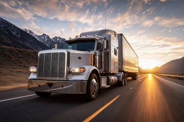 Semi truck driving on a Highway towards the setting sun