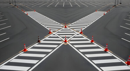 Symmetrical Arrangement Of Empty Parking Lot Lanes With Safety Cones