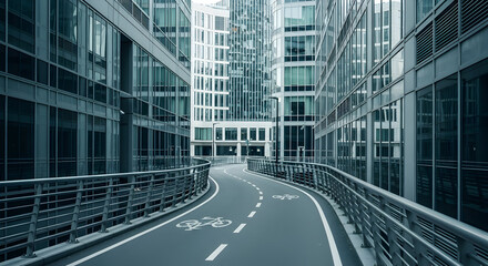 Urban Cycling Path Between Modern Office Buildings In Business District