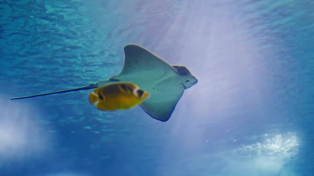  Eagle rays glide underwater in a large aquarium. Watching the behavior of stingrays