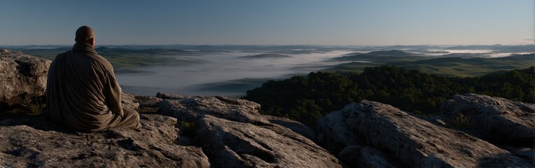 Obraz premium Person meditates at Hanging Rock State Park overlook in morning