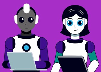 Robots Working on Laptops on transparent background