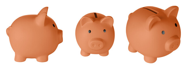 Set Piggy bank pig Orange color on isolated white background close up