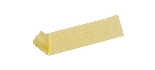 Yellow painter's tape isolated on white background, macro. Torn, crumpled, twisted strips of yellow...