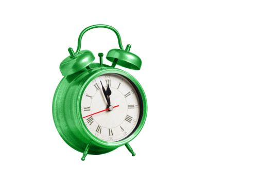 retro clock, pointer clock, green color alarm clock on isolated white background close up