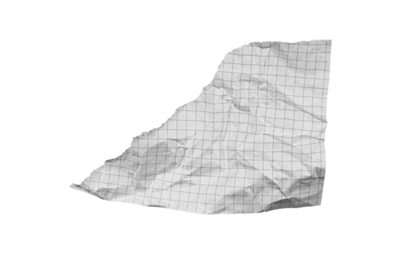 A crumpled torn checkered paper on a white background fits educational themes. Its rugged texture serves as a visual aid for recycling or math lessons.