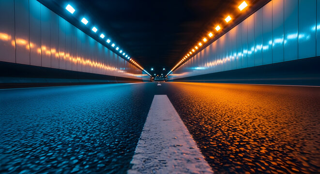 Symmetrical tunnel road illuminated by blue and orange lights creating a sense of depth