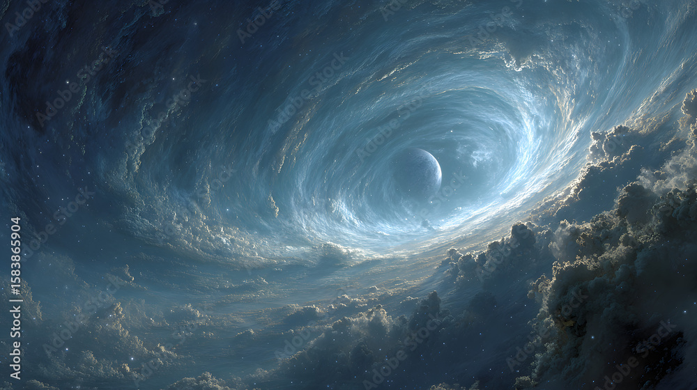 Wall mural celestial vortex a swirling blue nebula envelops a distant planet