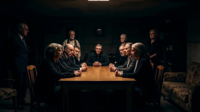 Group of diverse people sitting at table in dark room. Dramatic lighting, serious mood. Secret meeting or interrogation concept. Cinematic scene with tense atmosphere.