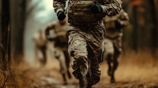 US military field training: soldiers running during physical training exercises in the field.