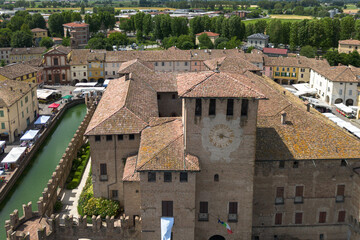 Aerial view of Rocca Sanvitale, a massive medieval fortress in Fontanellato, Parma province, Emilia-Romagna, Italy