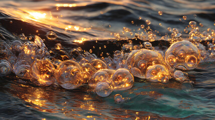 Golden Sunlight Illuminates Ocean Wave Bubbles