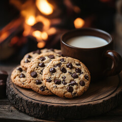 Chocolate chip cookies next to a glass of milk.