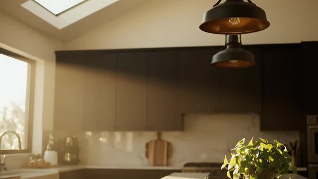Sunlit modern kitchen interior design featuring sleek dark cabinets light countertops and warm natural light from windows and a skylight creating an inviting br