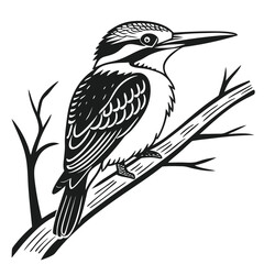 Detailed Black and White Illustration of a Kookaburra Perched on a Branch with Sparse Foliage