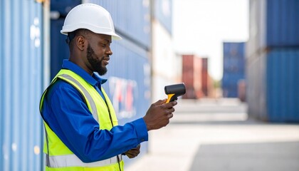 Shipping Container Inspection Logistics Worker Scanning with Barcode Reader for Efficient Inventory Management