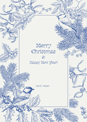 Toile Christmas Vector illustration for design greeting card, holiday decor, invitation. Vintage background with fir branches holly mistletoe rowan tit birds. Blue beige. Hand drawn engraved elements © Olha