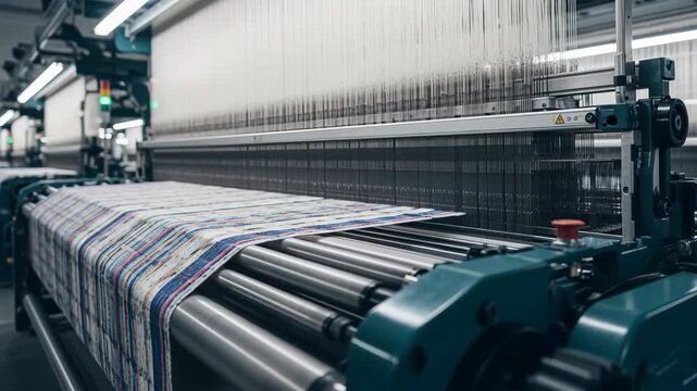 Automated industrial weaving loom is running in textile factory, creating colorful fabric, demonstrating advanced technology and efficiency in modern textile production
