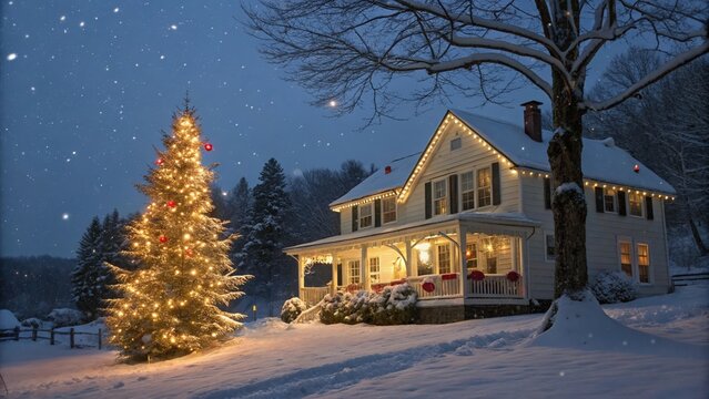 Cozy snow covered home decorated for christmas with twinkling lights and tree - Powered by Adobe