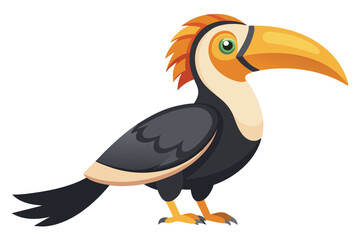 Cartoon Great Hornbill Bird Illustration with Black Feathers and Orange Beak Isolated on White Background