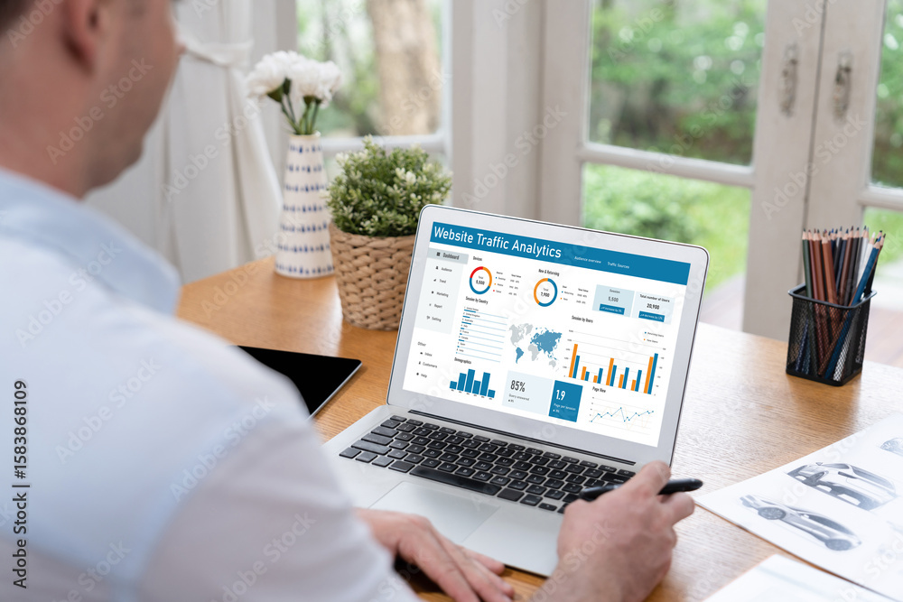 Poster computer software for website traffic analytics data on computer screen. concept of seo search engin