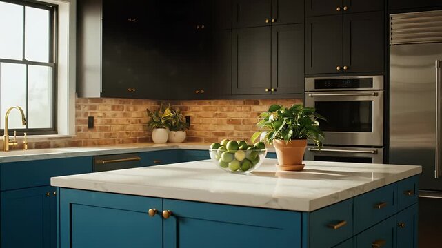 Stunning modern kitchen design featuring elegant teal blue cabinets black uppers brick backsplash white marble countertops and gold accents bright and chic