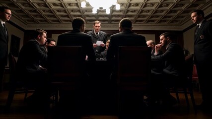 Powerful men gathered in dark room for tense meeting. Corporate leadership, political negotiation, or mafia conference concept. Dramatic lighting and shadowy atmosphere.