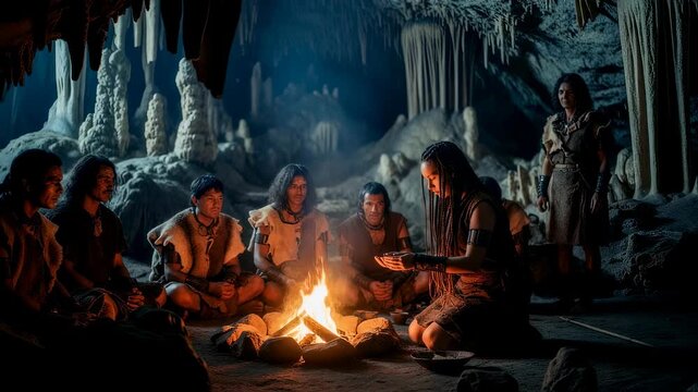 Prehistoric people gathered around campfire in icy cave. Neanderthals or early humans in winter shelter. Paleolithic era survival scene with cavemen and fire.