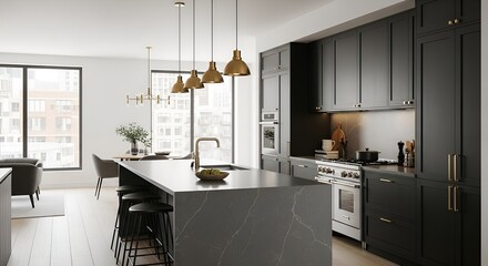 Modern kitchen design with dark cabinetry, quartz countertop island, and brass pendant lights, overlooking city view.
