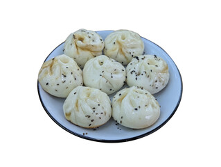 Delicious Plate of Pan-Fried Baozi Dumplings Sprinkled with Sesame Seeds