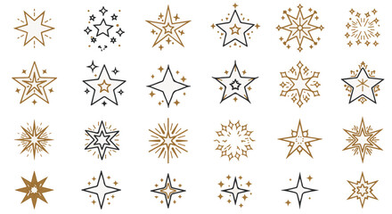 Set of stylized star illustrations in various designs and styles. 